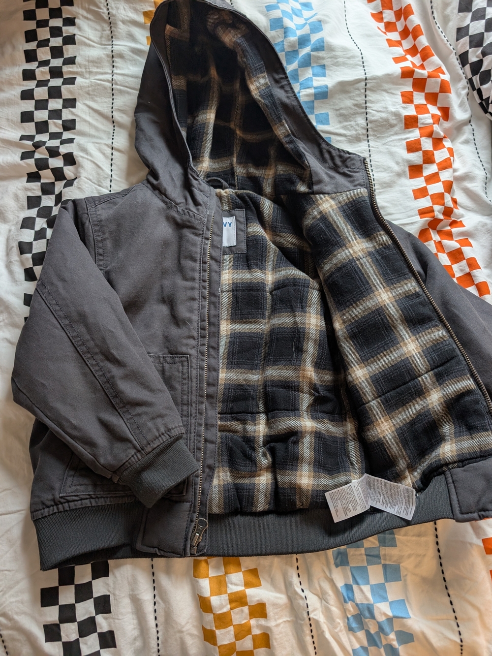 Old Navy Hooded Puffer Jacket - Gray with Plaid Lining